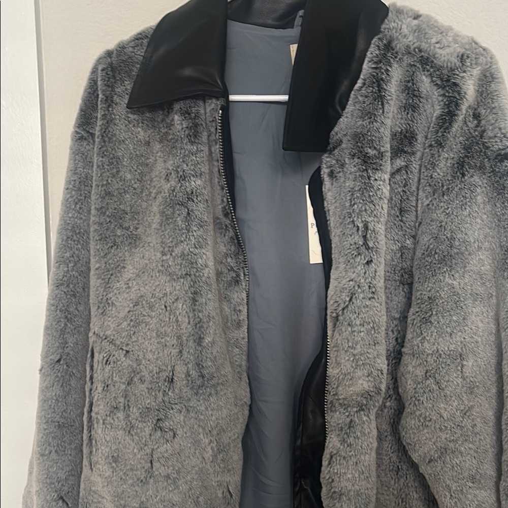 Gray Faux Fur Coat with Black Collar